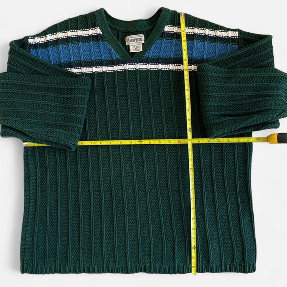 Vintage Aeropostale Green Cotton Chunky Ribbed Knit Blue & White V- Neck Sweater - Picture 3 of 5
